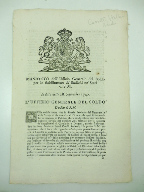 Manifesto dell'Uffizio Generale del Soldo per lo stabilimento de' Stalloni ne' Stati di S. M. in data delli 28 Settembre 1740